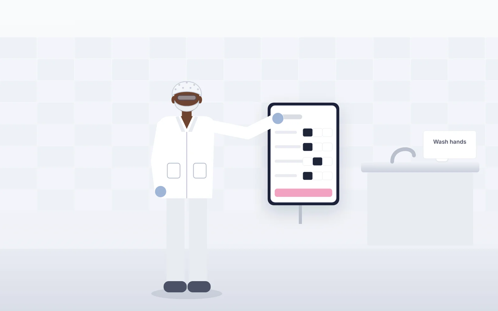 Food plant worker in a hairnet completing a digital sanitation checklist on a tablet next to a hand wash station