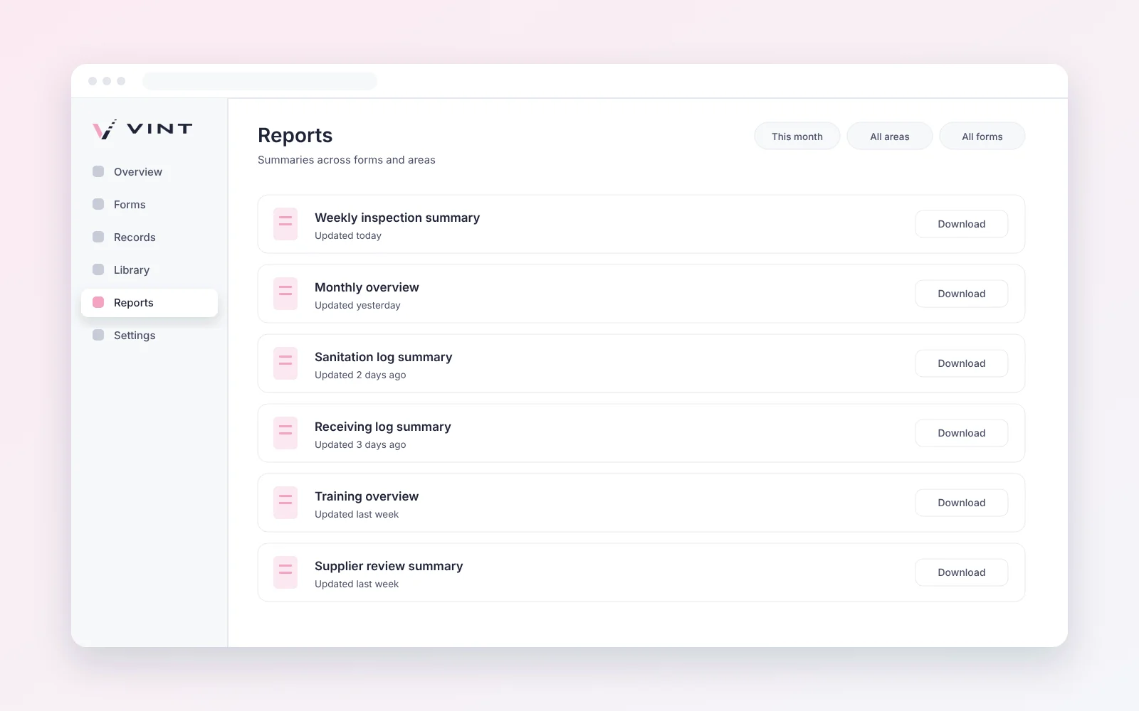 VINT reports screen listing weekly inspection, monthly overview, sanitation log, receiving log, training, and supplier review summaries